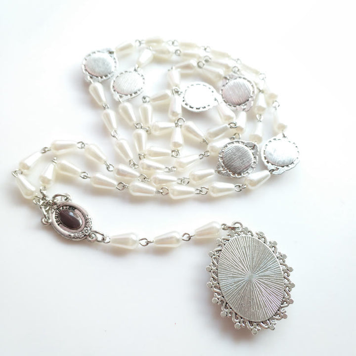Christian Art Immaculate Heart of Mary of 5*10 mm Drop-shaped White Pearl Alloy Chain Rosary - image 5