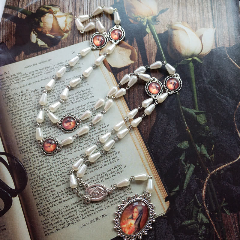 Christian Art Immaculate Heart of Mary of 5*10 mm Drop-shaped White Pearl Alloy Chain Rosary - White - image 1
