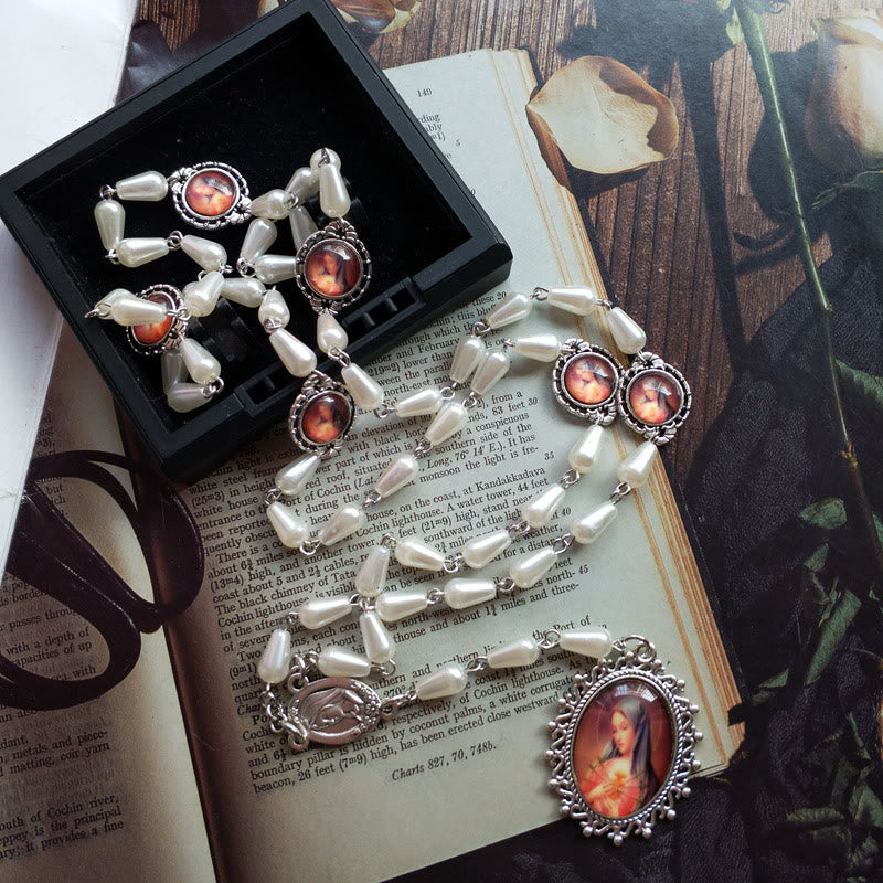 Christian Art Immaculate Heart of Mary of 5*10 mm Drop-shaped White Pearl Alloy Chain Rosary - image 2