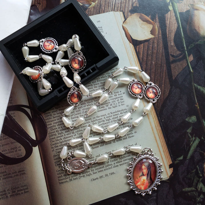 Christian Art Immaculate Heart of Mary of 5*10 mm Drop-shaped White Pearl Alloy Chain Rosary - image 2