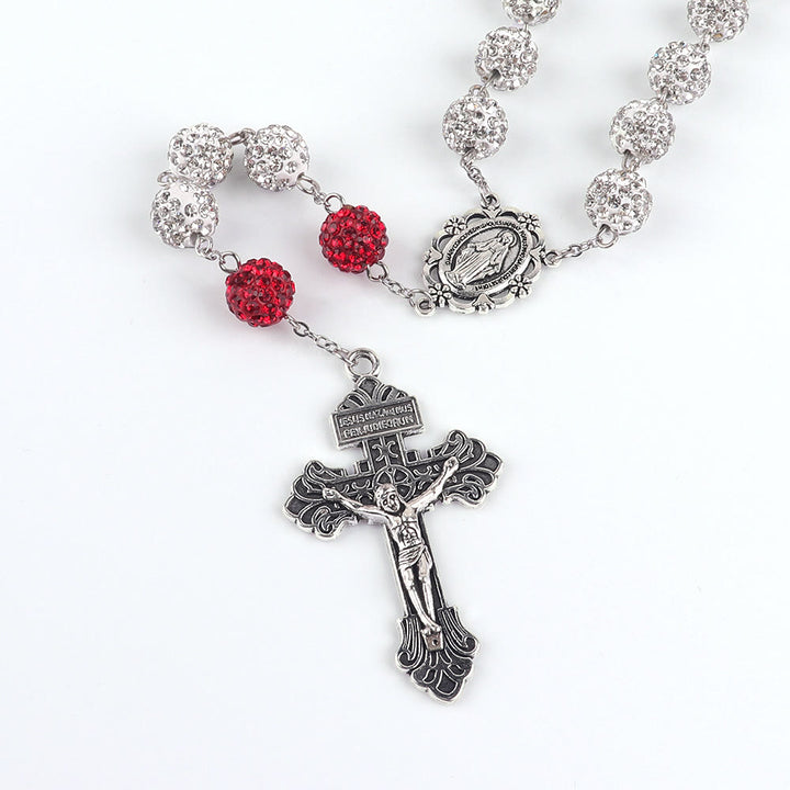 Miraculous Medal & Crucifix of 8 mm Round Silver Metal Gems Alloy Chain Rosary - image 3