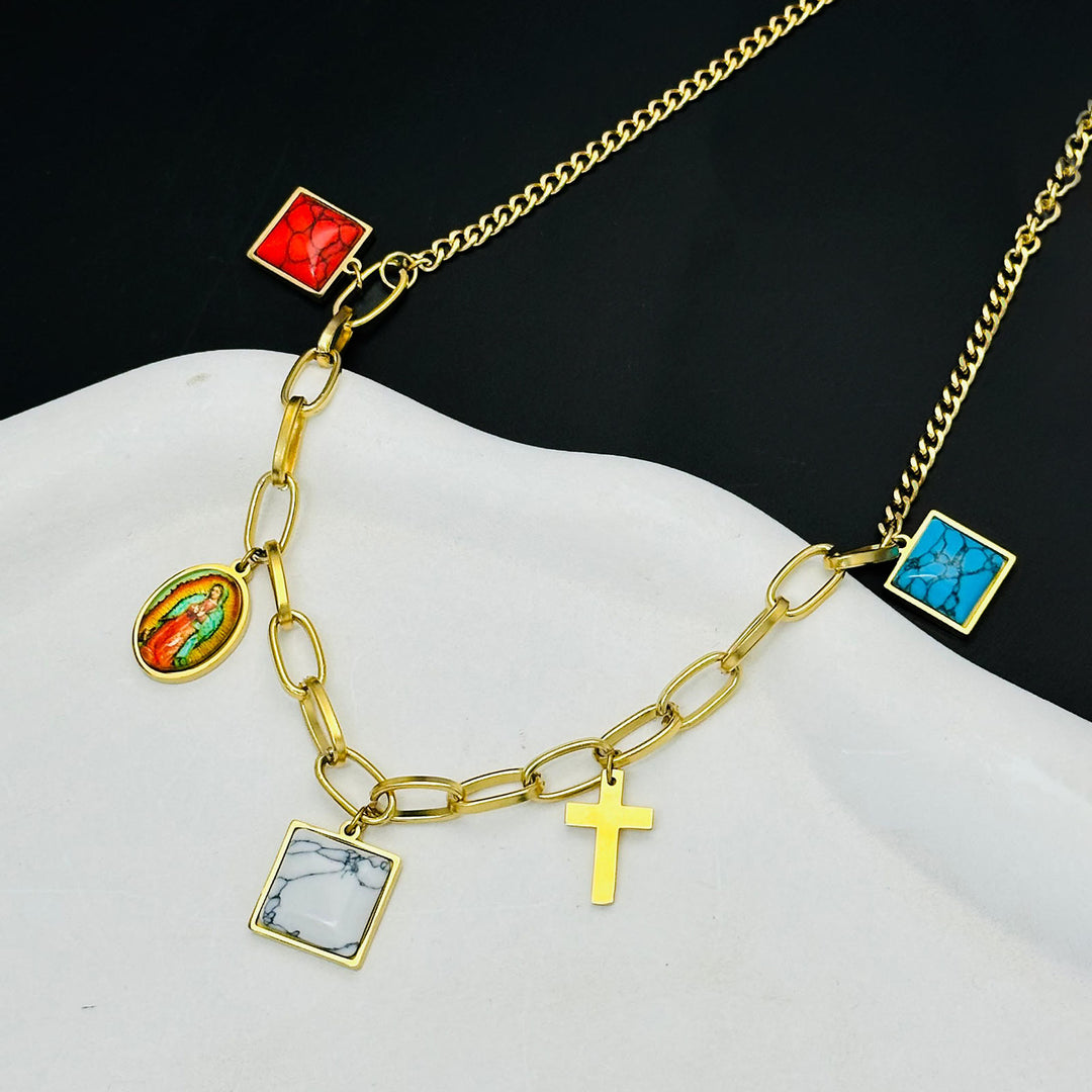 Christian Art Casual Style Our Lady of Guadalupe Turquoise Cross Chocker Necklace - image 5