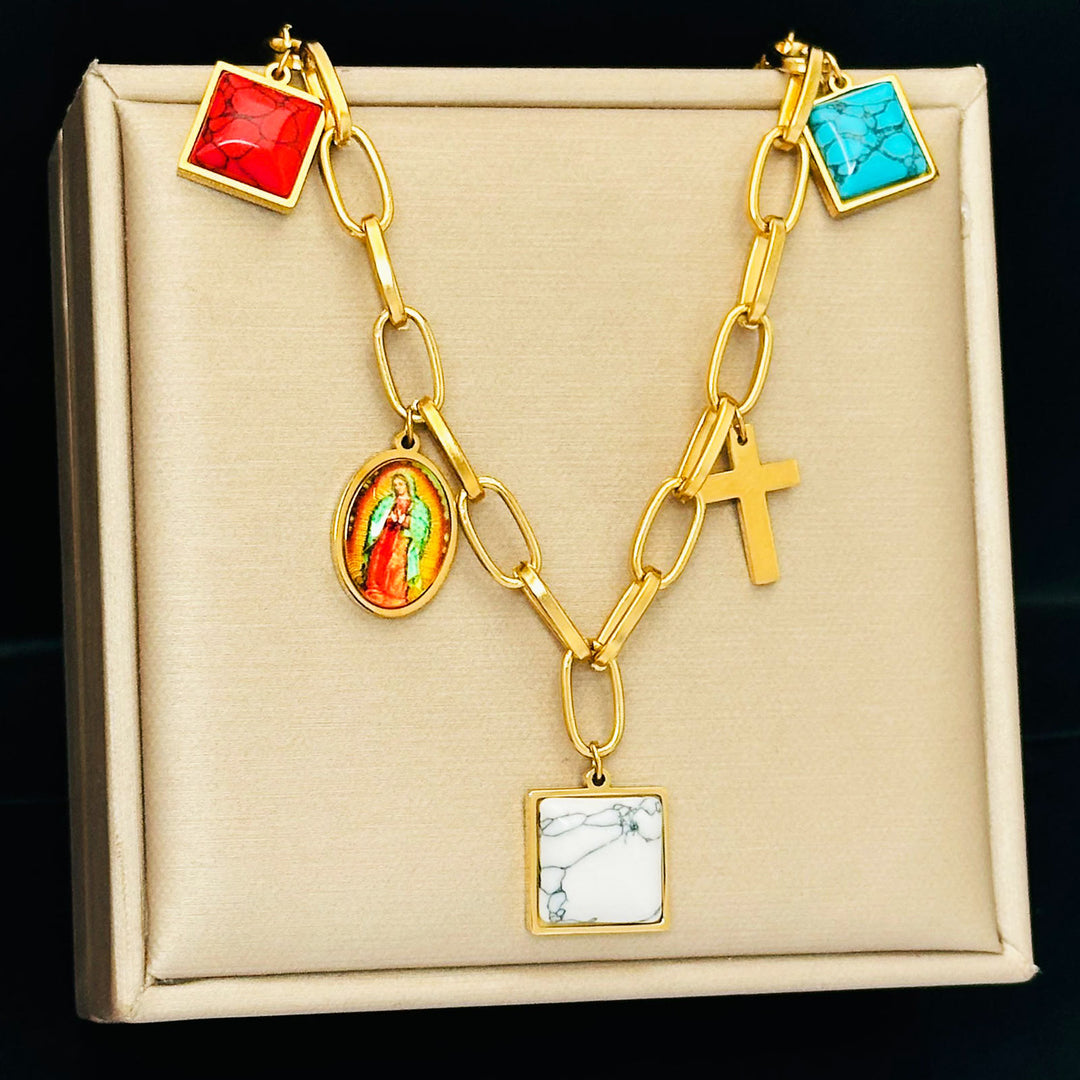 Christian Art Casual Style Our Lady of Guadalupe Turquoise Cross Chocker Necklace - image 3