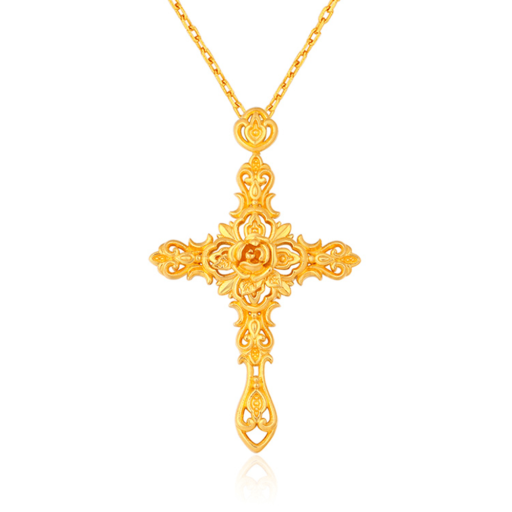 Christian Art 999 Pure Gold Retro Style Thorn Rose Cross Ancient Craftsmanship Pendant - 999 Gold Pendant - image 1