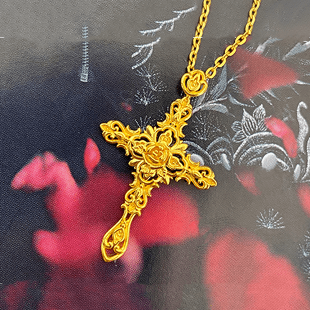 Christian Art 999 Pure Gold Retro Style Thorn Rose Cross Ancient Craftsmanship Pendant - image 2