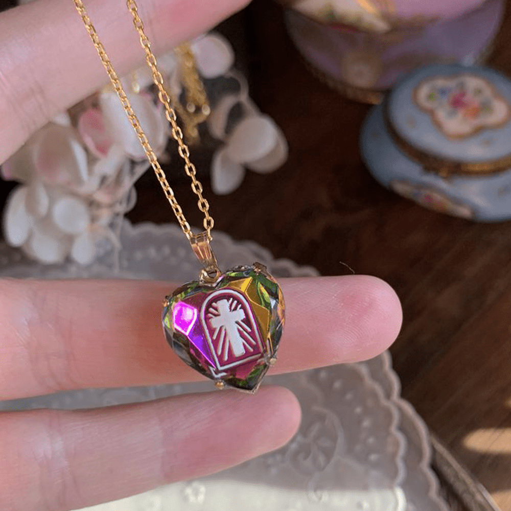 Christian Art Intaglio Enamel Technique Vintage Style Iridescent Heart-Cross Glass Necklace - Pink-orange - image 1