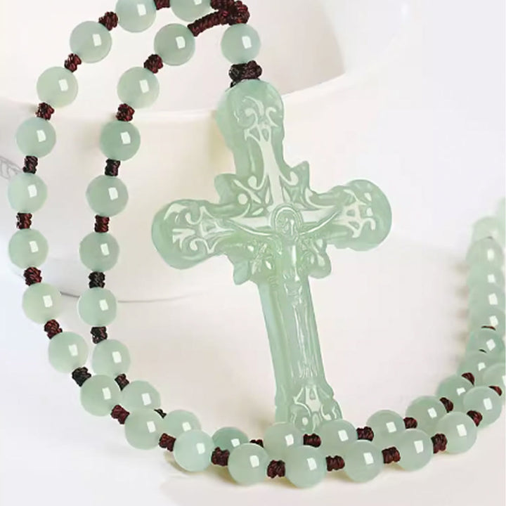 Classic Style Hetian Jade Clear Water Material Crucifix Round Bead Necklace