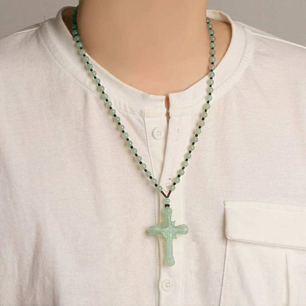 Classic Style Hetian Jade Clear Water Material Crucifix Round Bead Necklace