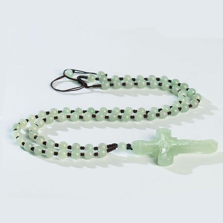 Classic Style Hetian Jade Clear Water Material Crucifix Round Bead Necklace