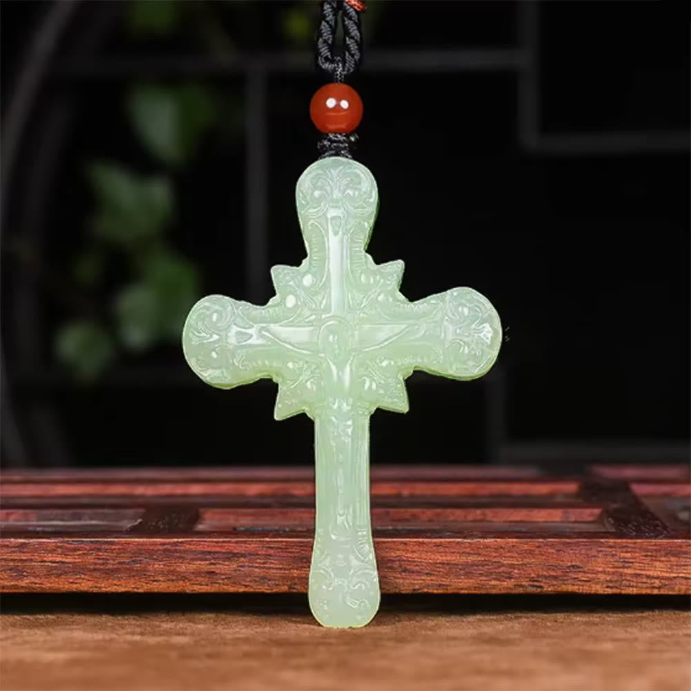 Classic Style Hetian Jade Clear Water Material Crucifix Round Bead Necklace