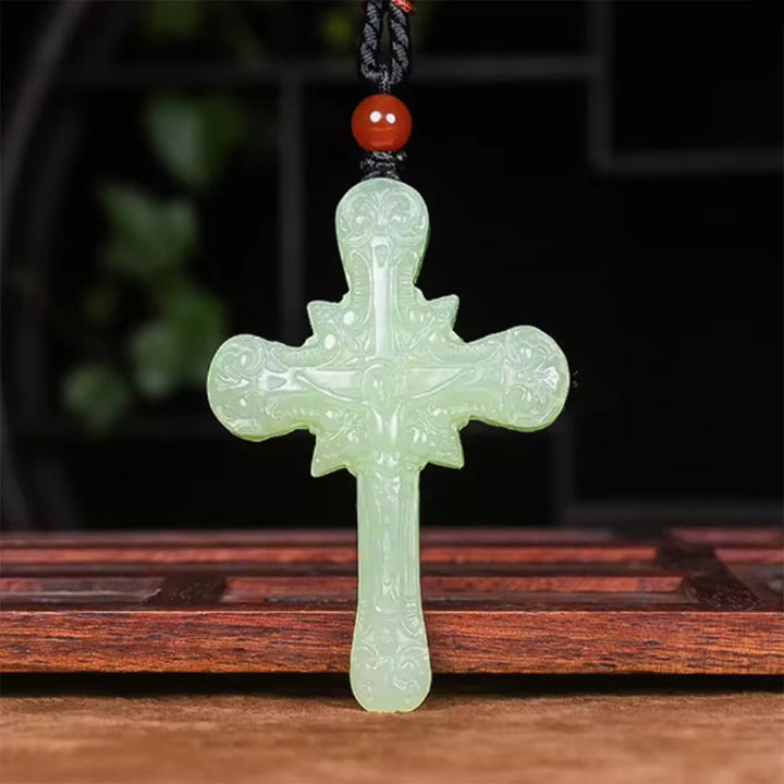 Classic Style Hetian Jade Clear Water Material Crucifix Round Bead Necklace