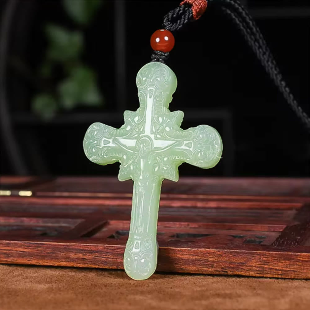 Classic Style Hetian Jade Clear Water Material Crucifix Round Bead Necklace