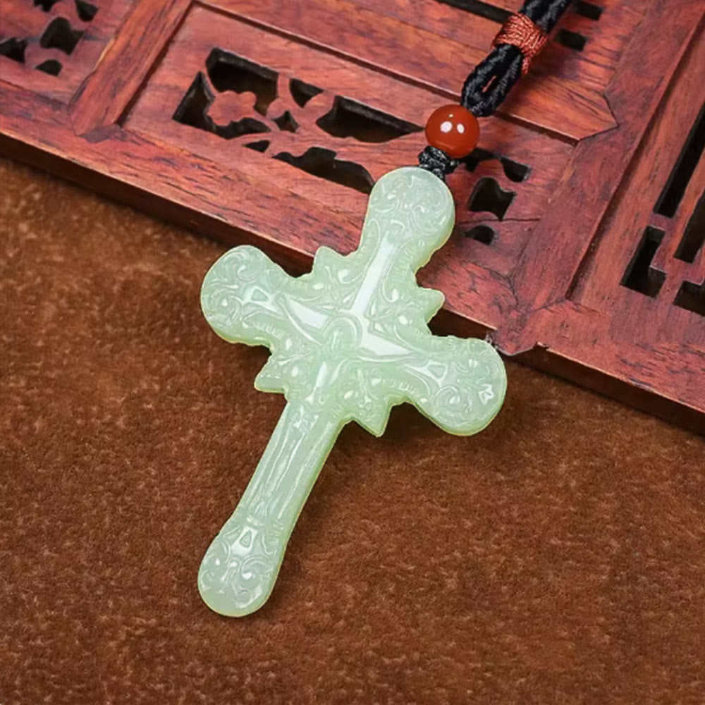 Classic Style Hetian Jade Clear Water Material Crucifix Round Bead Necklace