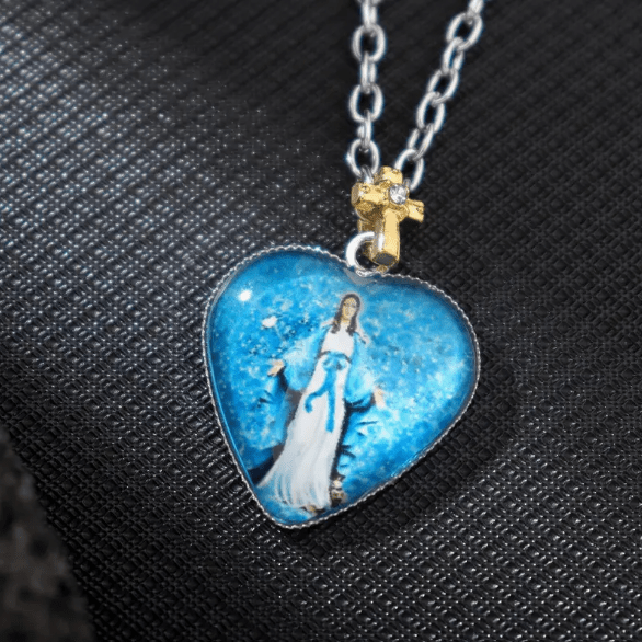Christian Art Classic Style Heart-shaped Virgin Mary Glass Pendant Necklace - Our Lady - image 1