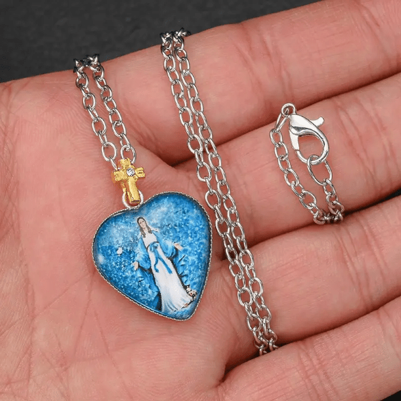 Christian Art Classic Style Heart-shaped Virgin Mary Glass Pendant Necklace - image 3