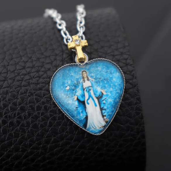 Christian Art Classic Style Heart-shaped Virgin Mary Glass Pendant Necklace - image 2
