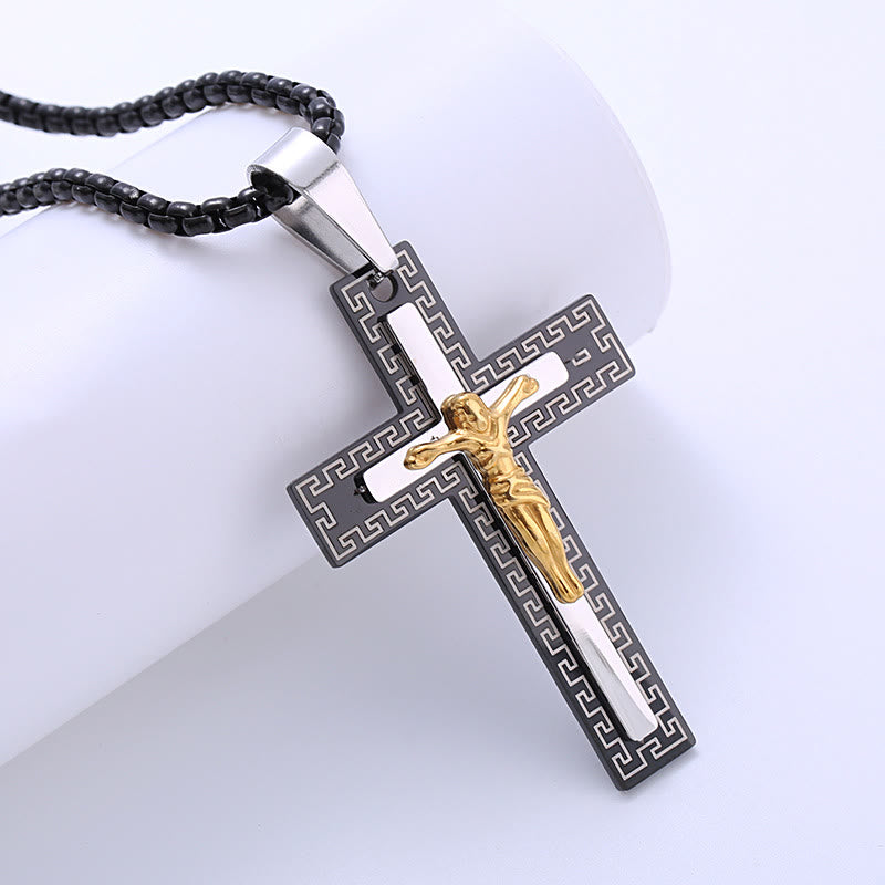 Retro Style Triple Layer Crucifix Pendant Titanium Necklace - Black - image 1