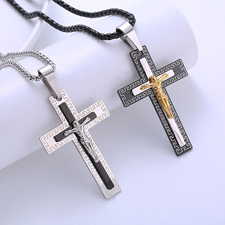 Retro Style Triple Layer Crucifix Pendant Titanium Necklace - image 4