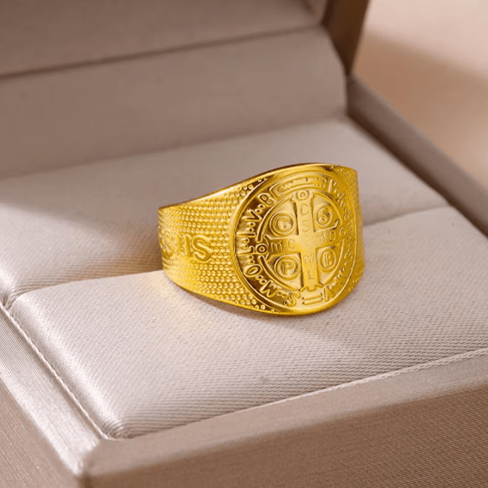 Christianartworkshop Classic Style JESUS St. Benedict Symbol Titanium Adjustable Ring - image 6