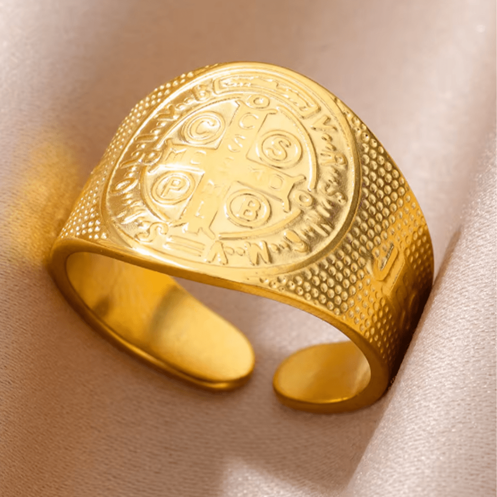 Christianartworkshop Classic Style JESUS St. Benedict Symbol Titanium Adjustable Ring - image 0