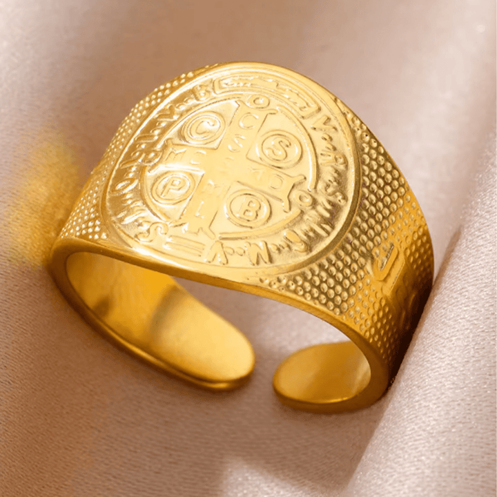 Christianartworkshop Classic Style JESUS St. Benedict Symbol Titanium Adjustable Ring - image 0