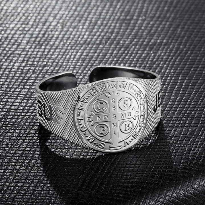 Christianartworkshop Classic Style JESUS St. Benedict Symbol Titanium Adjustable Ring - image 2