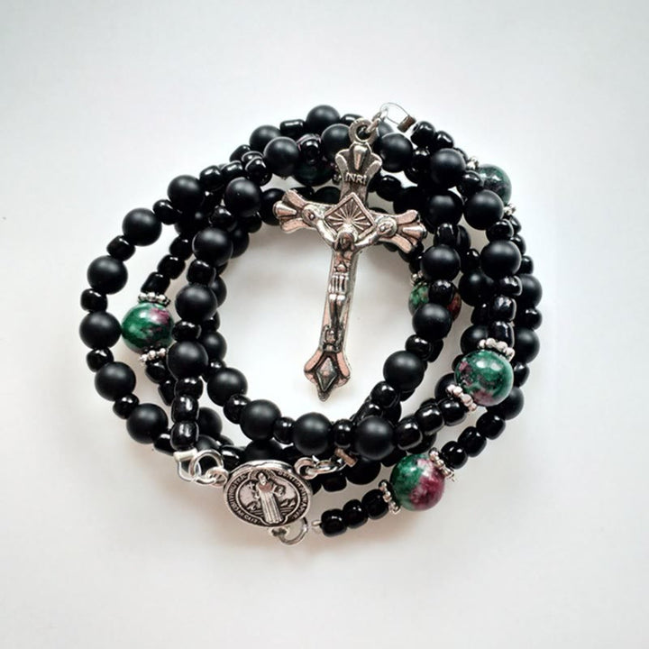 St. Benedict Medal & Crucifix of 8 mm Round Black Multi-material Nylon Cord Rosary - image 4