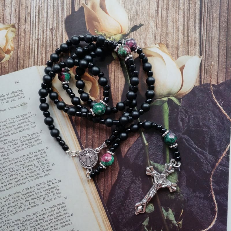 St. Benedict Medal & Crucifix of 8 mm Round Black Multi-material Nylon Cord Rosary - Black - image 1