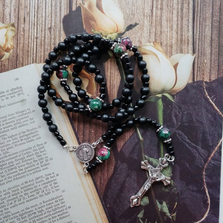 St. Benedict Medal & Crucifix of 8 mm Round Black Multi-material Nylon Cord Rosary - Black - image 1