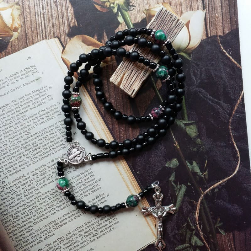 St. Benedict Medal & Crucifix of 8 mm Round Black Multi-material Nylon Cord Rosary - image 2