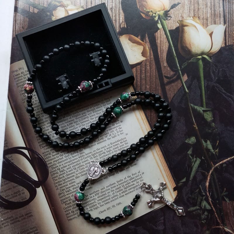 St. Benedict Medal & Crucifix of 8 mm Round Black Multi-material Nylon Cord Rosary - image 3