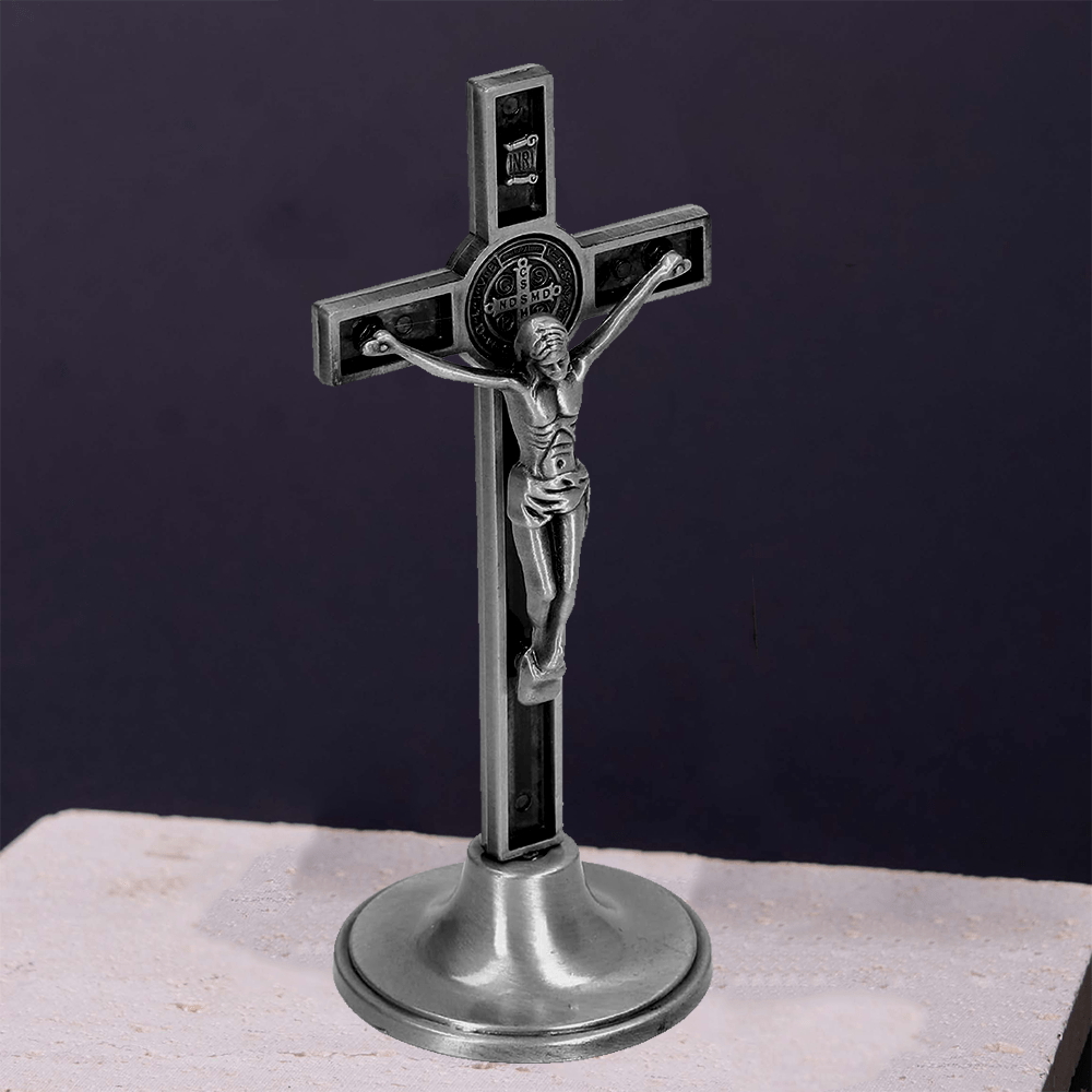 Christian Art Classic Style Silver Bronze Alloy Crucifix Stereoscopic Desktop Ornaments - Silver - image 1
