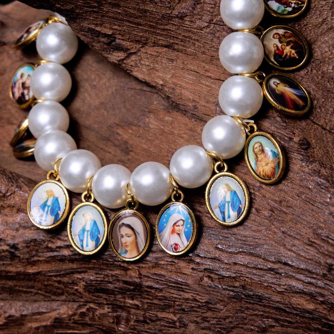 Retro Style Saint Jesus Mary Medals Cross Pearl Bracelet - image 8