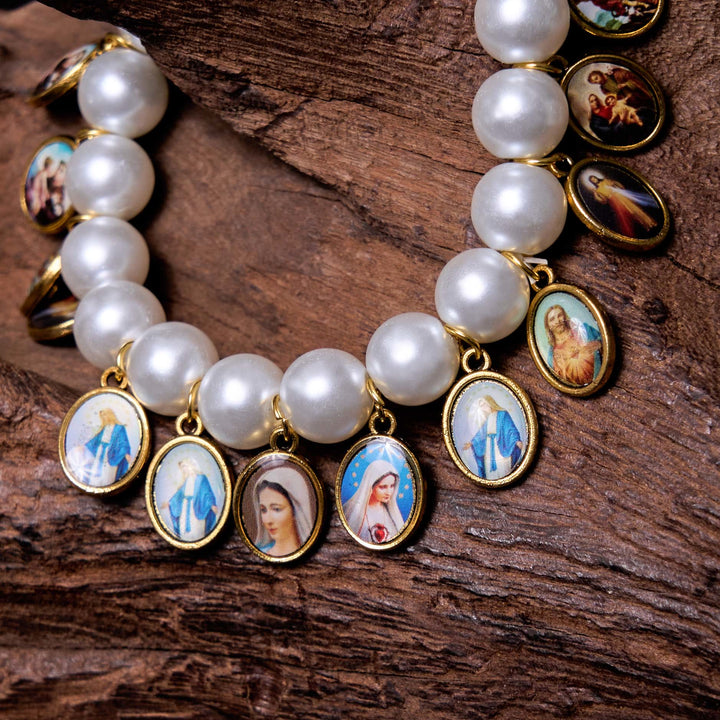 Retro Style Saint Jesus Mary Medals Cross Pearl Bracelet - image 8