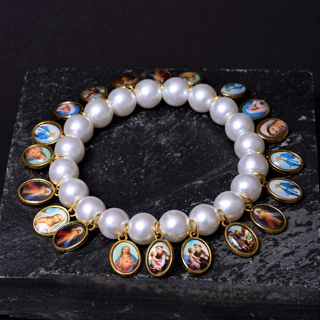 Retro Style Saint Jesus Mary Medals Cross Pearl Bracelet - image 5