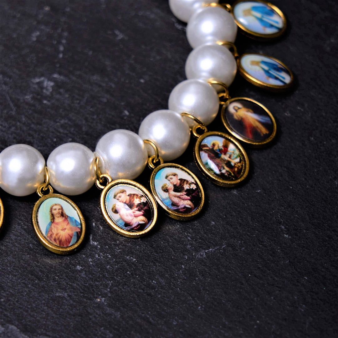 Retro Style Saint Jesus Mary Medals Cross Pearl Bracelet - image 6
