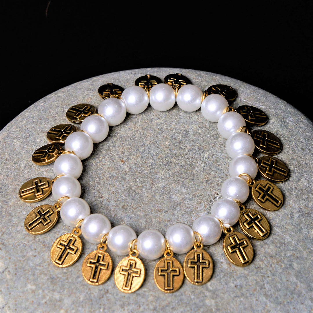 Retro Style Saint Jesus Mary Medals Cross Pearl Bracelet - image 4