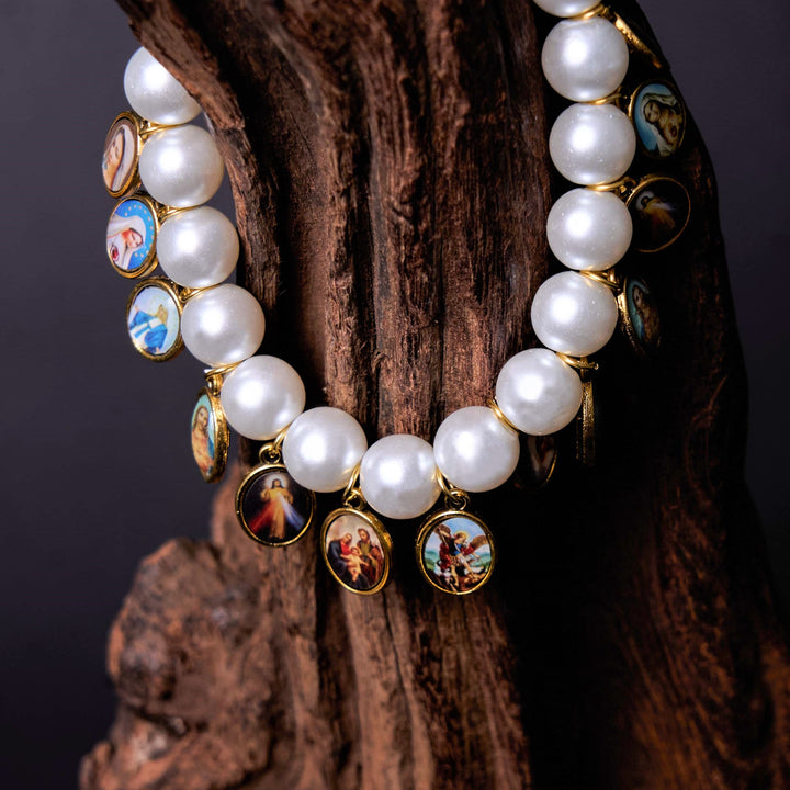 Retro Style Saint Jesus Mary Medals Cross Pearl Bracelet - image 9