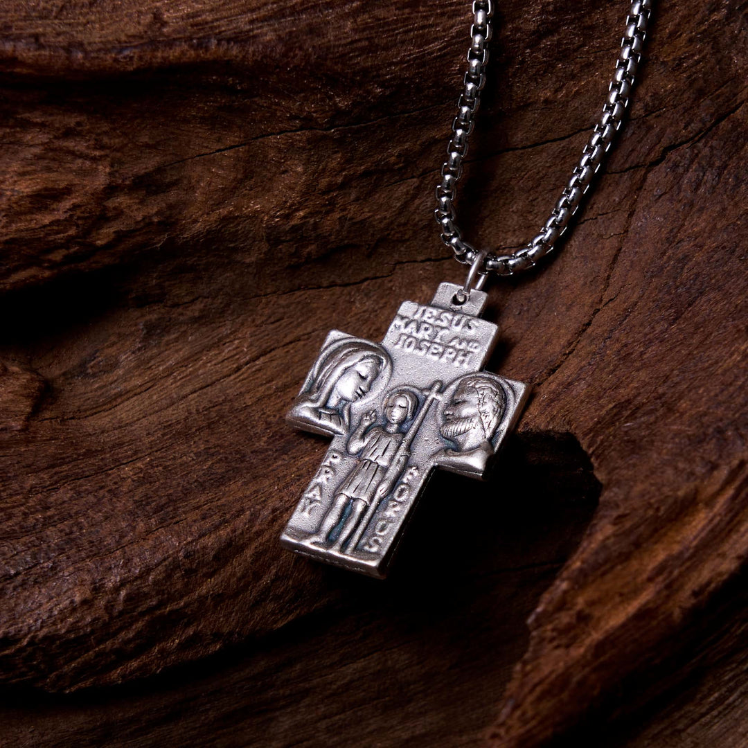Classic Style Jesus Mary Joseph Guardian Cross Pendant Alloy Necklace - Silver - image 0