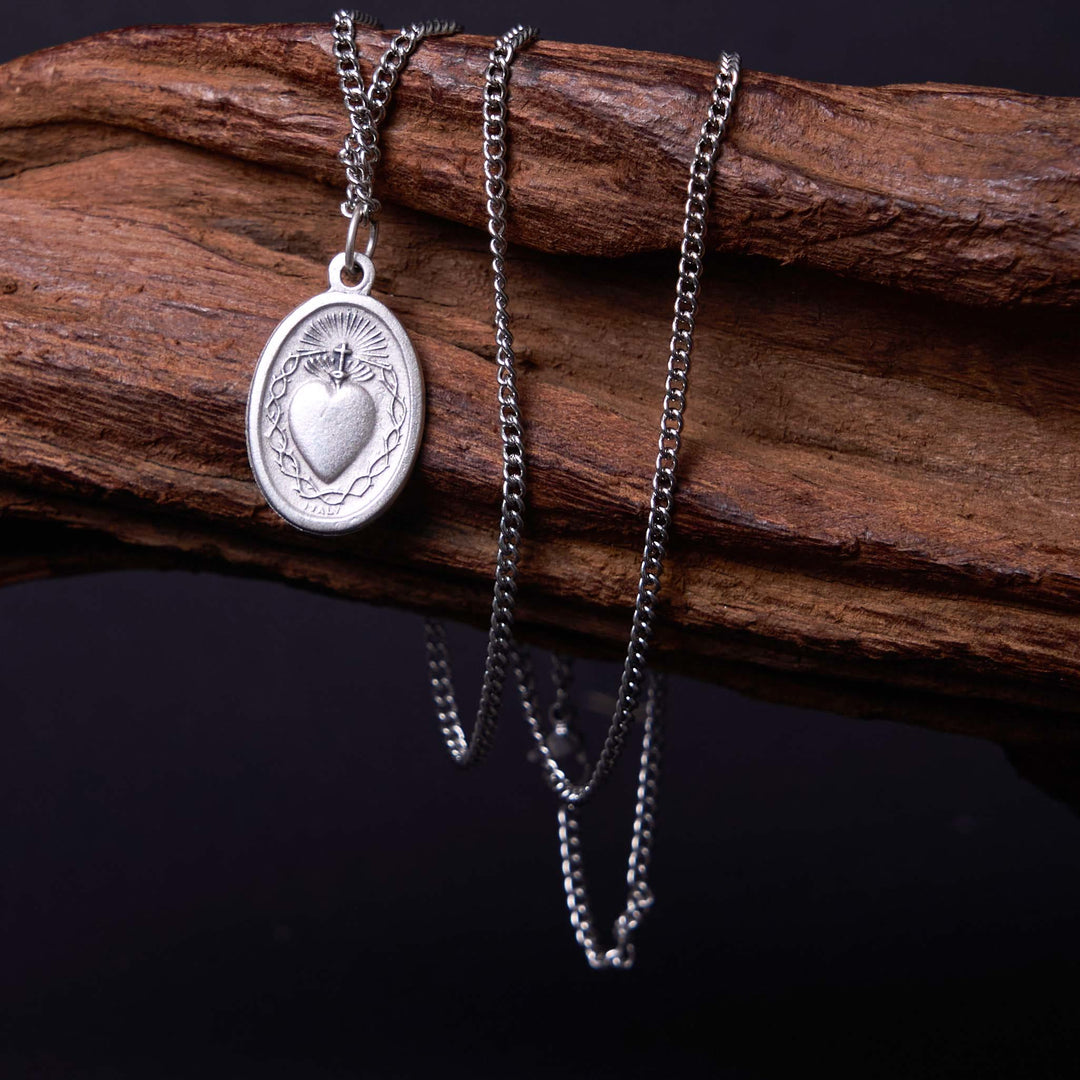 Classic Style Sacred Heart of Jesus Cross Flower Pendant Necklace - Silver - image 1