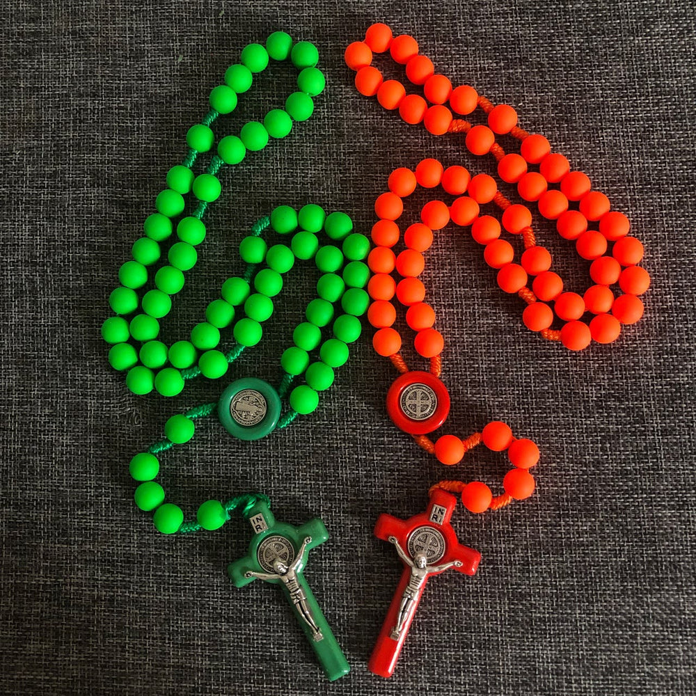 St. Benedict Medal & Crucifix of 10 mm Round Multicolor Fluorescence Acrylic Nylon Cord Rosary - image 2