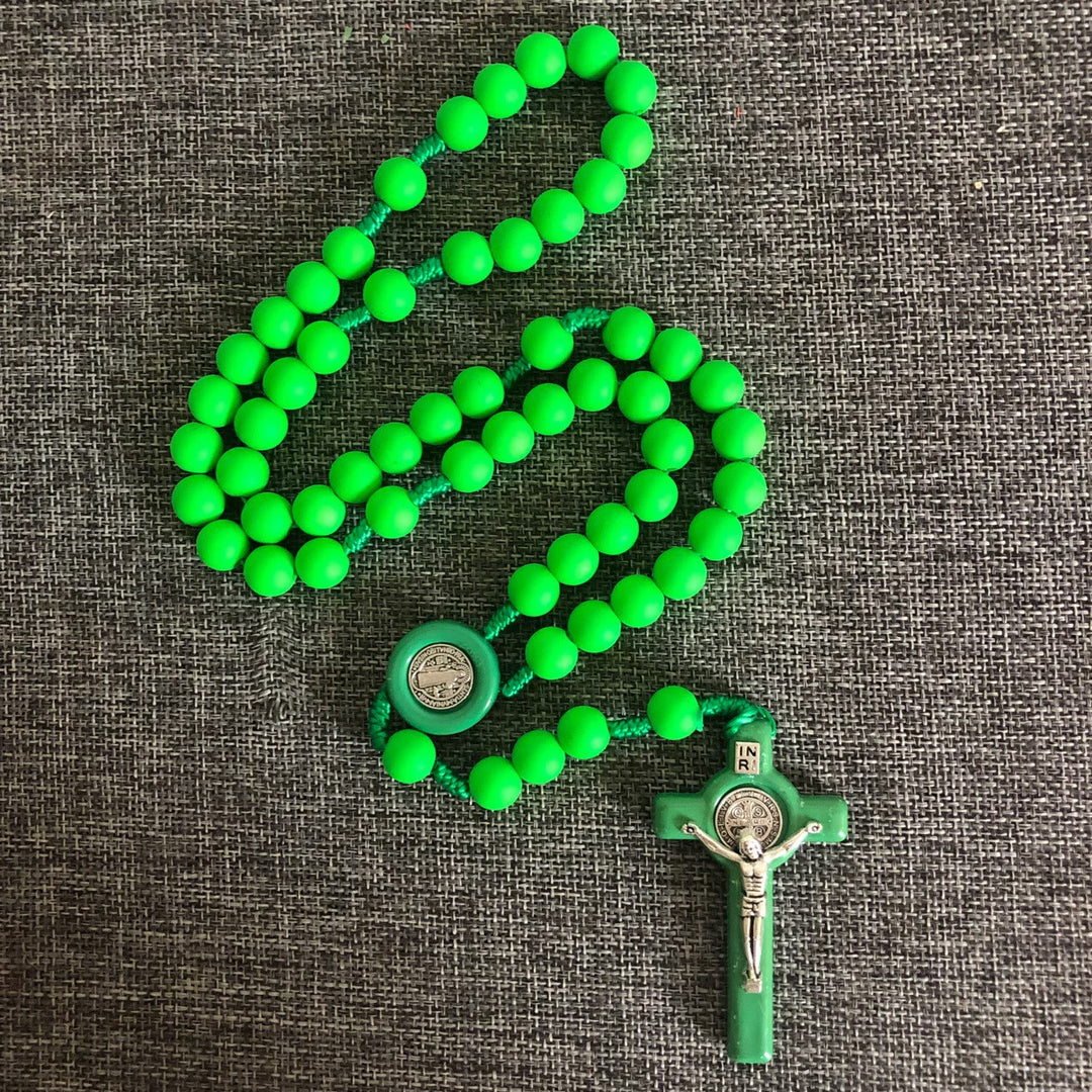 St. Benedict Medal & Crucifix of 10 mm Round Multicolor Fluorescence Acrylic Nylon Cord Rosary - Green - image 1