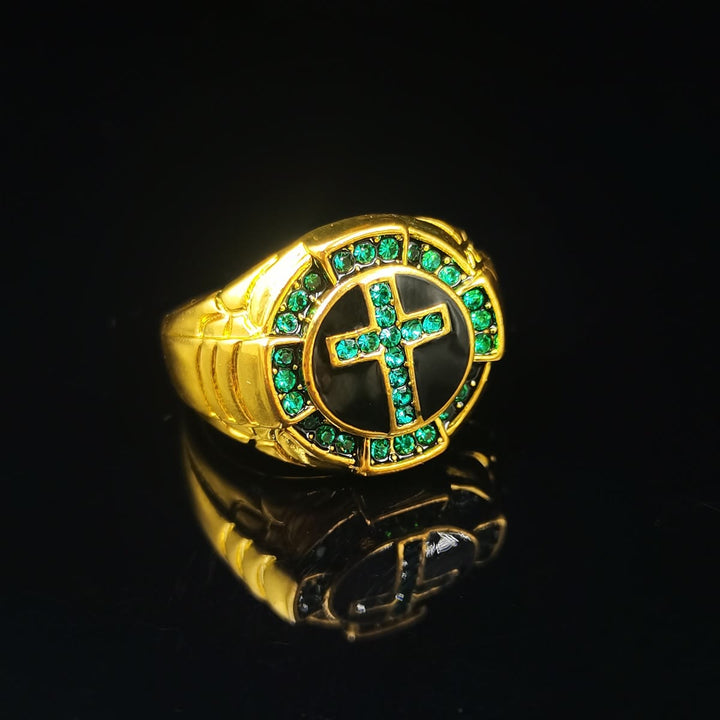 Christianartworkshop Retro Style Green Gemstones Cross Golden Alloy Ring - image 4
