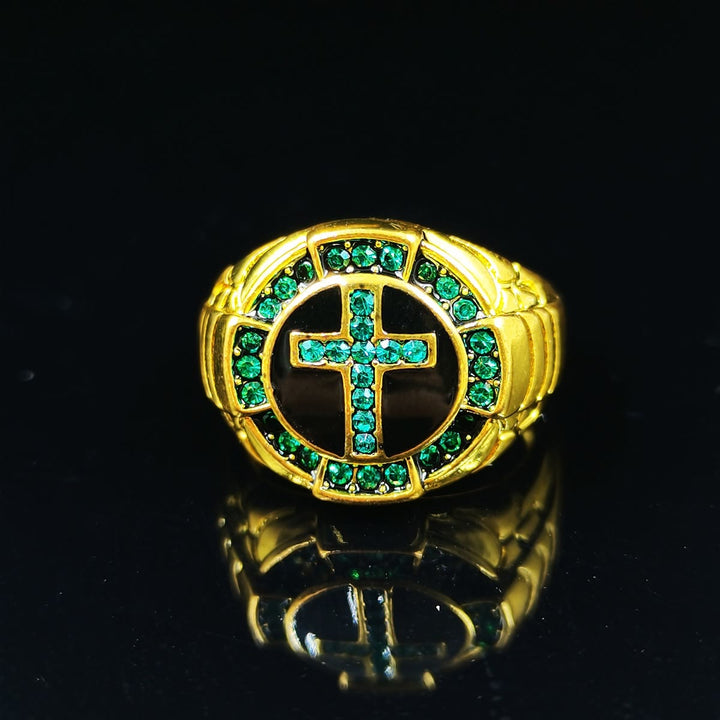 Christianartworkshop Retro Style Green Gemstones Cross Golden Alloy Ring - image 5