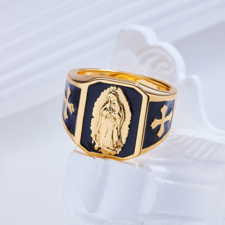 Christianartworkshop Classic Style Our Lady of Guadalupe Cross Black Golden Alloy Ring - UK Size T1/2（US 10） - image 0
