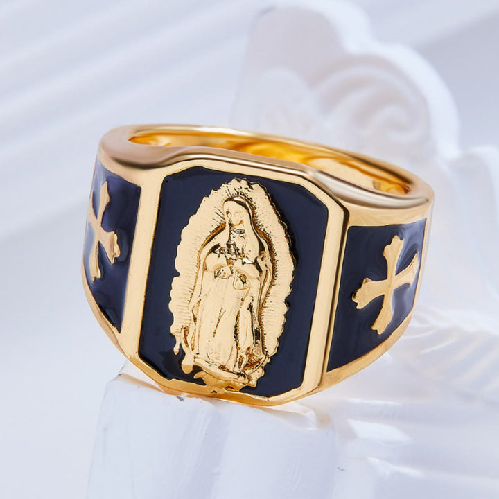 Christianartworkshop Classic Style Our Lady of Guadalupe Cross Black Golden Alloy Ring - image 1