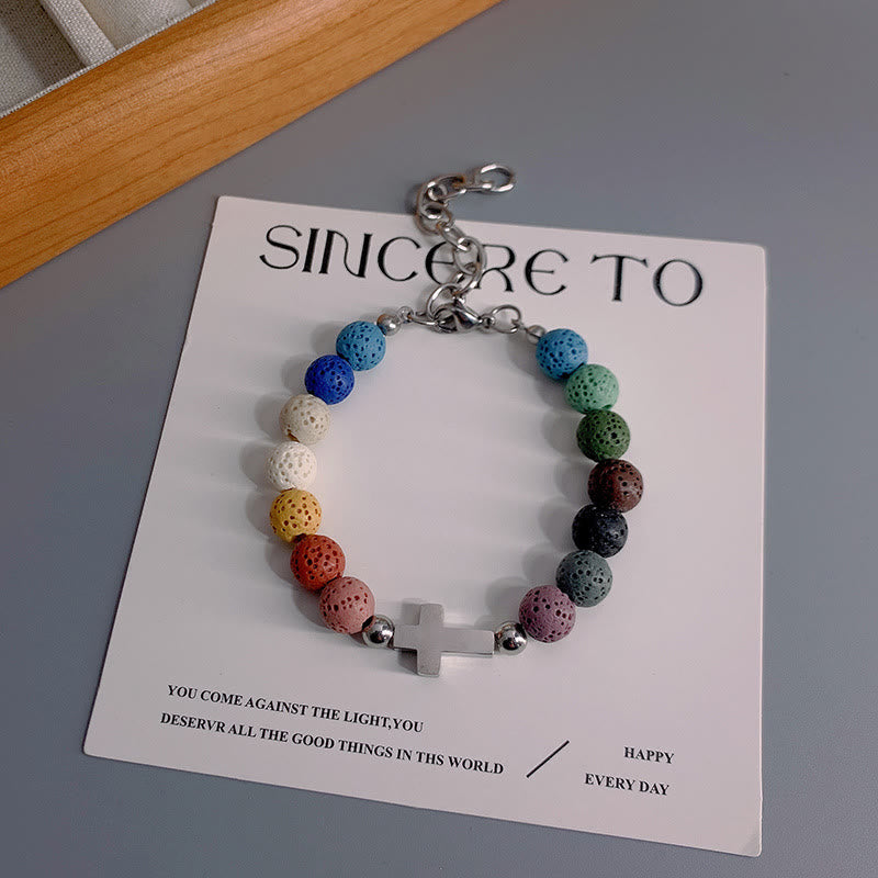 Minimalist Style Colored Volcanic Stone Beads Cross Bracelet - 8mm - image 1
