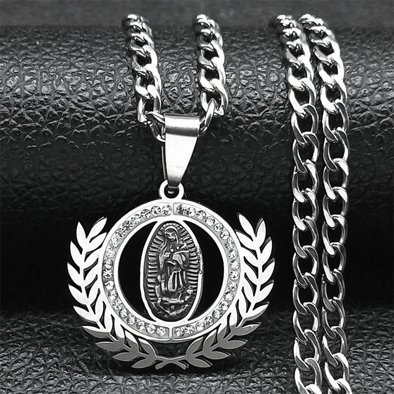Classic Style Olive Branch with Our Lady of Guadalupe Rhinestones Pendant Necklace - Silver - image 2