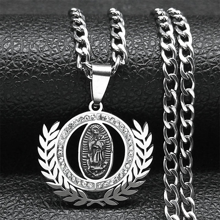 Classic Style Olive Branch with Our Lady of Guadalupe Rhinestones Pendant Necklace - Silver - image 2