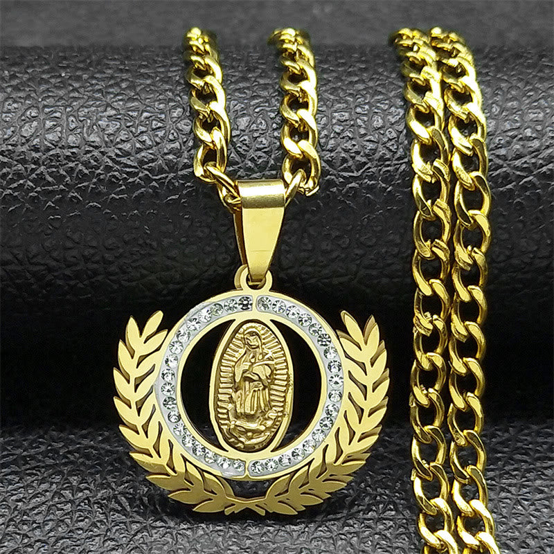 Classic Style Olive Branch with Our Lady of Guadalupe Rhinestones Pendant Necklace - Golden - image 0